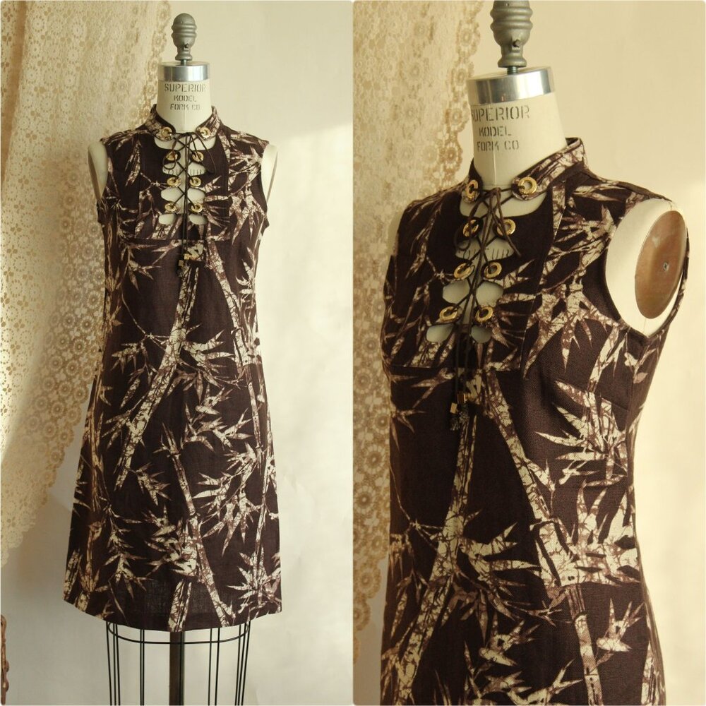 Michael Kors Sleeveless Brown Bamboo Print Lace-Up Dress Size 2